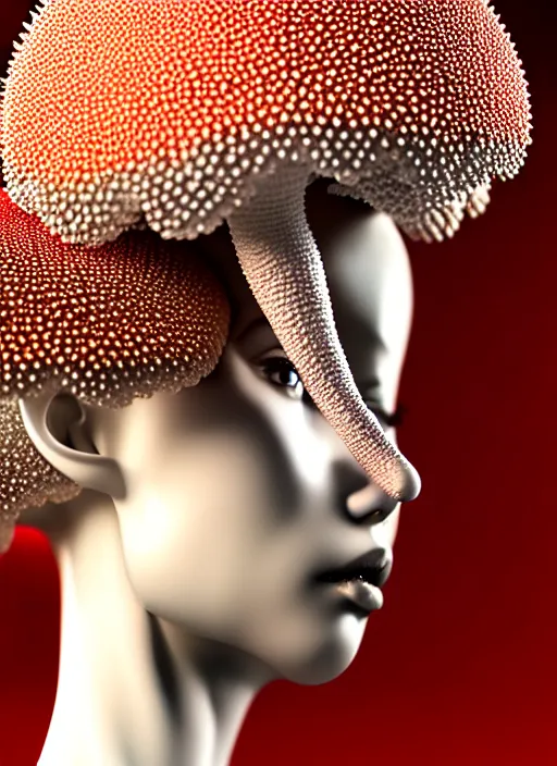 Image similar to intricate hyper detailed ultra sharp focus front shot 3 d render of a beautiful porcelain ivory afro woman, close - up, f 2. 8 1 5 0 mm, sharp focus, alexandre ferra, elegant bionic cyberpunk red mechanical haute couture fractal mushroom corals, white mycelum and fungi head ornaments, octane render, volumetric cinematic lighting, 8 k,