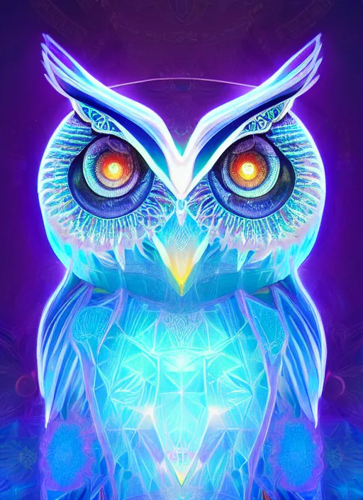 Image similar to symmetry!! product render poster vivid colors divine proportion owl, ice and snow, glowing fog intricate, elegant, highly detailed, digital painting, artstation, concept art, smooth, sharp focus, illustration,