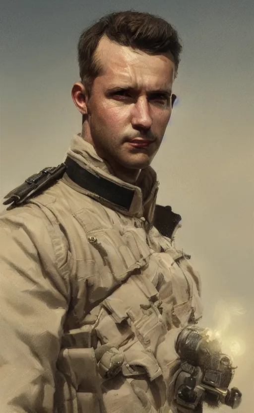Prompt: Portrait of a royal air force officer, male, detailed face, 20th century, highly detailed, cinematic lighting, digital art painting by greg rutkowski