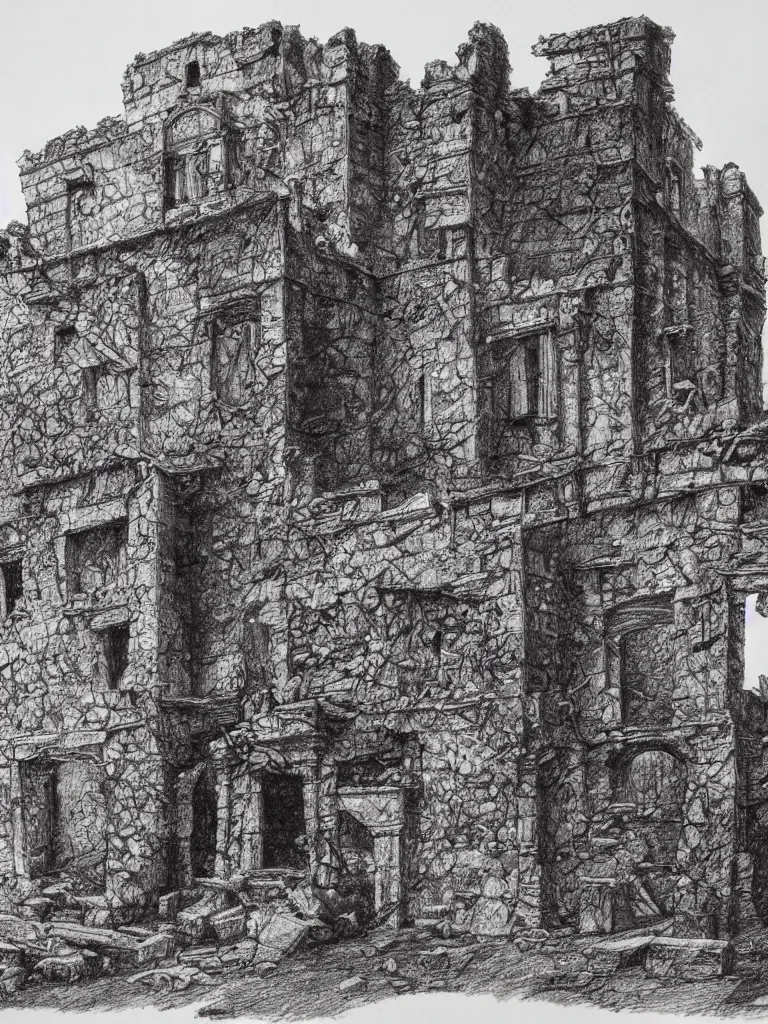 Image similar to A pen drawing of a dilapidated ancient castle building in the wood, by Juan Francisco Casas, high detailed