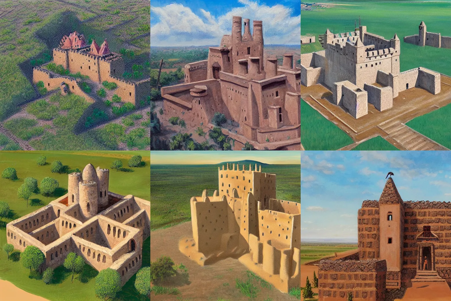 Prompt: High-quality realist painting of an old West African castle made of mud bricks, aerial view, very detailed, peaceful, digital art.