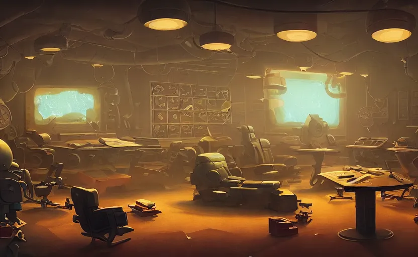 Prompt: Interior shot of a secret mysterious war room by Petros Afshar and Beeple, James Gilleard, Mark Ryden, Wolfgang Lettl highly detailed