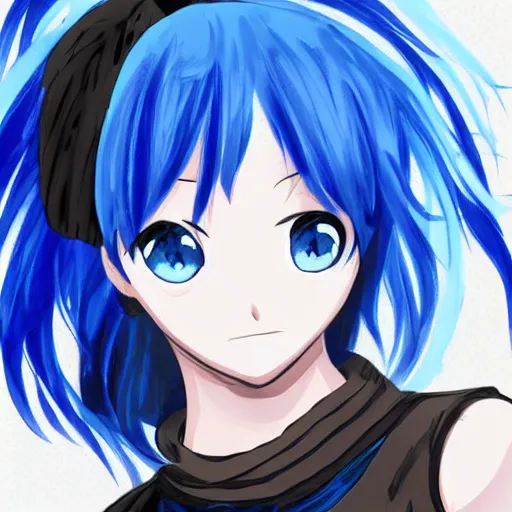 Image similar to concept art of a anime character with blue hair