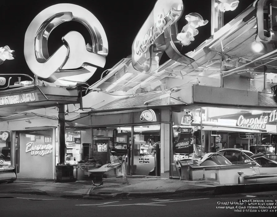 Prompt: chrome UFOs attacking a McDonlads restaurant 1982, photo real, Eastman EXR 50D 5245/7245