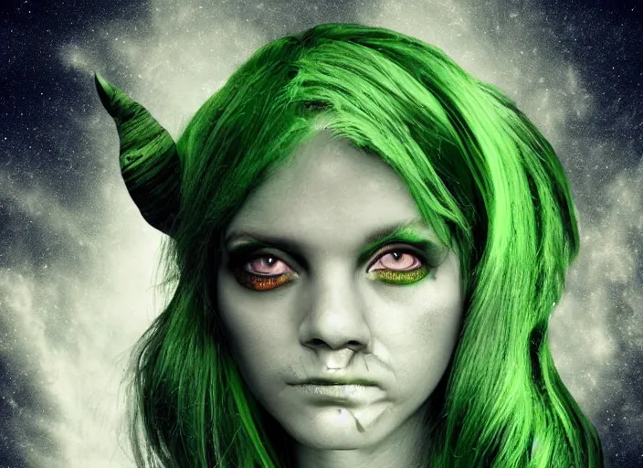 Prompt: beautiful aliens faces with green hair, 8 k, matte painting, in the style of artist, ann stokes