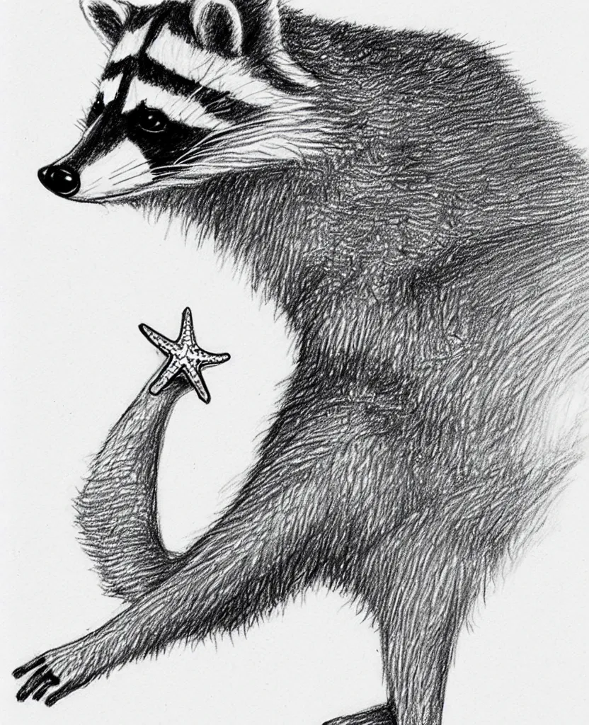 Image similar to detailed pencil sketch of a raccoon holding up and looking at a starfish, children's book