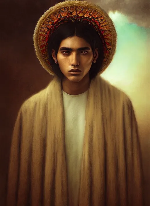 Image similar to portrait of a magical mexican boy in zacatecas mexico by agostino arrivabene and tom bagshaw and manuel sanjulian