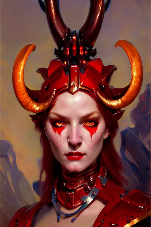 Image similar to painted close - up portrait of a very attractive red - skinned intimidating demon robot girl with ram horns! oil painting, wearing a noblewoman's outfit, fantasy art by john singer sargent and gaston bussiere and james jean and greg rutkowski, demon noble character design, ultra hd