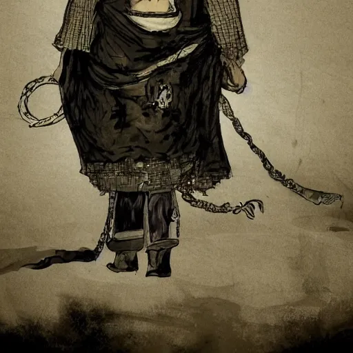 Prompt: A PORTRAIT FROM BEHIND OF A SAMURAI MAN VAGABOND WITH A MOON BEHIND HIM ,THE SAMURAI IS WRAPPED IN CHAINS ,detailed, concept art, ink style , sketch