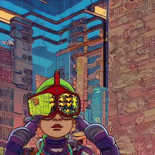 Prompt: ps2 screenshot of young cyberpunk explorer wearing futuristic headpiece, in the style of by Josan Gonzalez and Geof Darrow, highly detailed, high quality, HD, 4k, 8k, realistic, sharp, trending