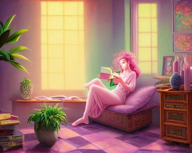 Prompt: a pastel painting of a woman wizard lounging on a purpur pillow on the marbled checkered floor in her study room reading an ancient tome. to the side is a potted plant, candlelit raytracing. ancient oriental retrofuturistic fantasy setting. 4 k key art. by yoshitaka amano and mark tedin