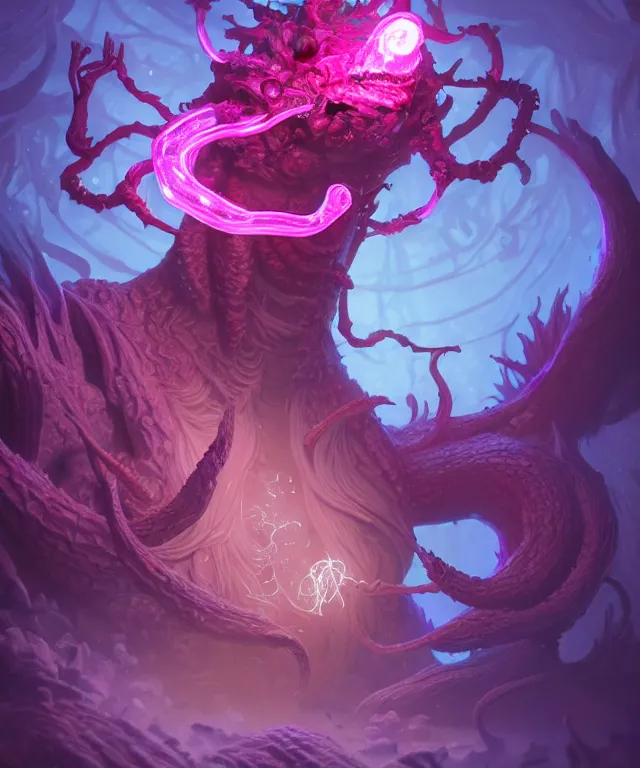 Image similar to a xanathar made of bioluminescence slimy skin, fantasy, elegant, crisp 8 k line art, digital painting, artstation, unreal engine, octane render, emissive lighting, concept art, matte, sharp focus, hyper realistic lighting, illustration, deep royal blue and pink color scheme, art by dave kendall