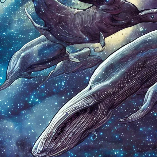 Image similar to space whales swimming through an asteroid belt, intricate, elegant, highly detailed, smooth, sharp focus, detailed face, high contrast, dramatic lighting, graphic novel, art by ardian syaf and pepe larraz,