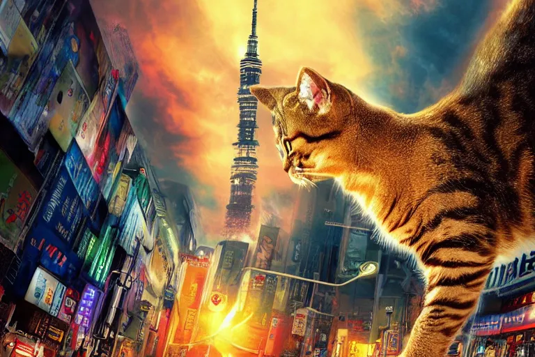 Image similar to cat attacking Tokyo, disaster movie poster, masterpiece, masterwork, cgstudio