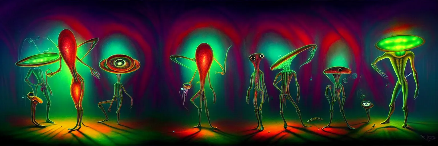 Image similar to strange alien plankton creatures from the depths of the collective unconscious, dramatic lighting, surreal darkly colorful painting by ronny khalil