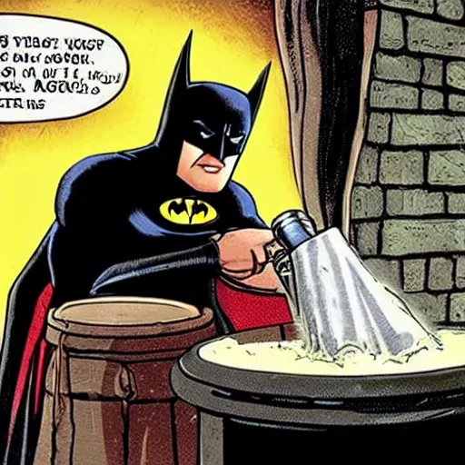 Image similar to photo of batman pouring a pint for a horse aggressively