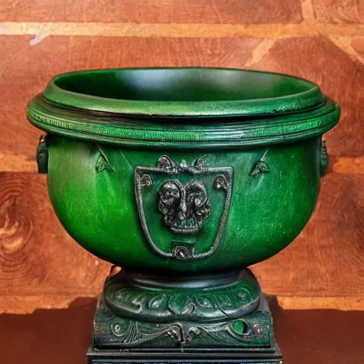 Image similar to a black cauldron filled with a magical green glowing potion standing in an old wilden desk, medieval, dark brown white green colours, mysterious, very detailed, realistic
