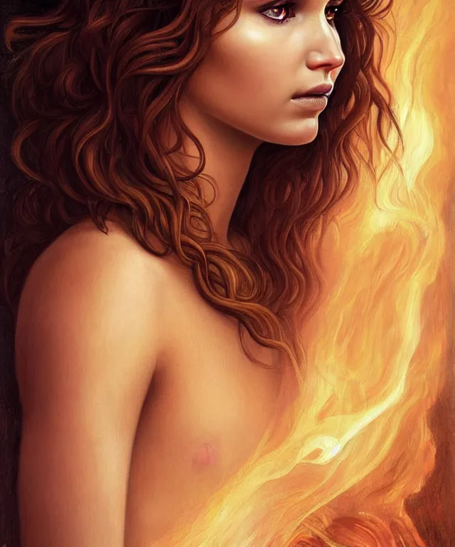 Prompt: half nathalie portman half Jennifer lawrence a fantasy magic woman portrait by Sandro Botticelli, oil painting masterpiece, sci-fi, amber eyes, face, long hair, fantasy, intricate, elegant, highly detailed, digital painting, artstation, concept art, smooth, sharp focus, illustration, art by artgerm and greg rutkowski and alphonse mucha