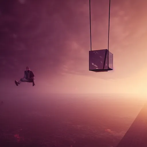 Prompt: centralized, mirror - glass - cabin box hanging from a tether from the clouds, computer generated, 8 k, unreal engine dynamic perspective, surrealism, concept art by dom qwek, trending on cg society, futurism, futuristic, volumetric lighting, aesthetic