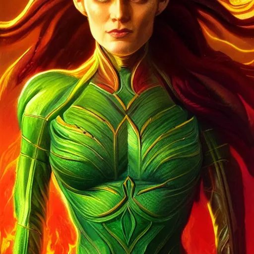 Image similar to full body portrait of jean grey, symmetry, hyperdetailed perfect face, green eyes, comic, phoenix rising, burning flames, intricate, detailed, volumetric lighting, scenery, digital painting, highly detailed, artstation, sharp focus, illustration, concept art, ruan jia, steve mccurry