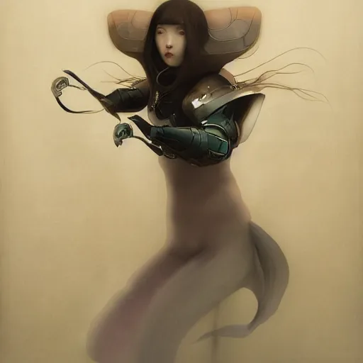 Image similar to portrait girl with armor in style of ghost blade by by hsiao ron cheng, tetsuya ichida, bizarre compositions, tsutomu nihei, exquisite detail, extremely moody lighting, 8 k, art nouveau, old chines painting, art nouveau