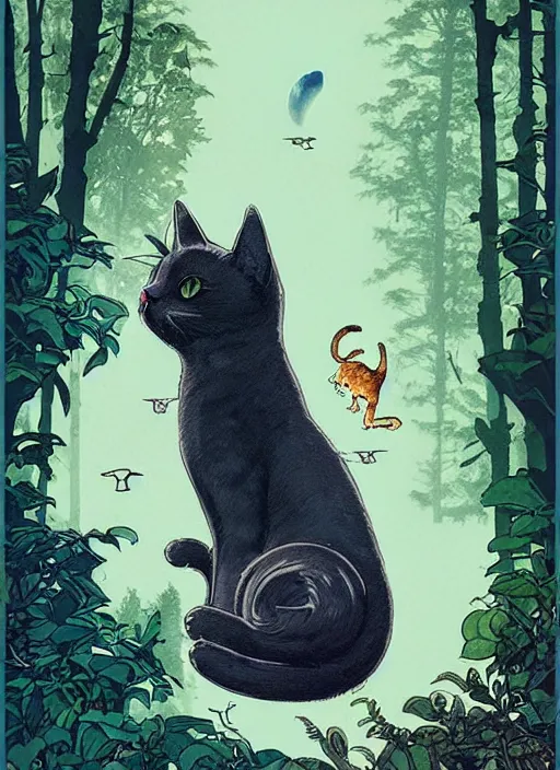 Image similar to a hyper realistic ink cat and the meaning of life and sunbeams blue sky, lush forest poster art by chiara bautista and kim jung giu and norman rockwell and greg rutkowski weta studio, and lucasfilm