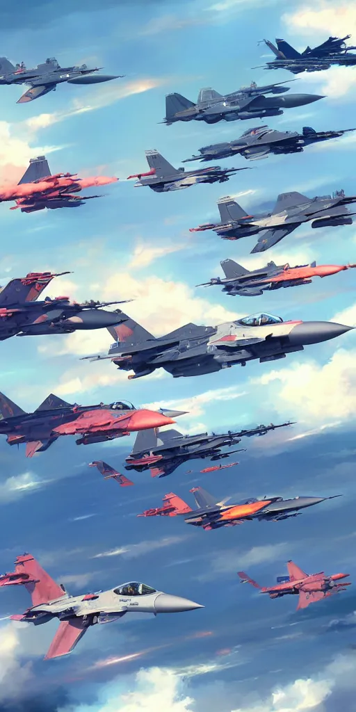 Prompt: a fleet of fighter jets flying, vibrant colors, detailed, beautiful composition, military aviation, ace combat, by wlop and cushart krenz, artstation