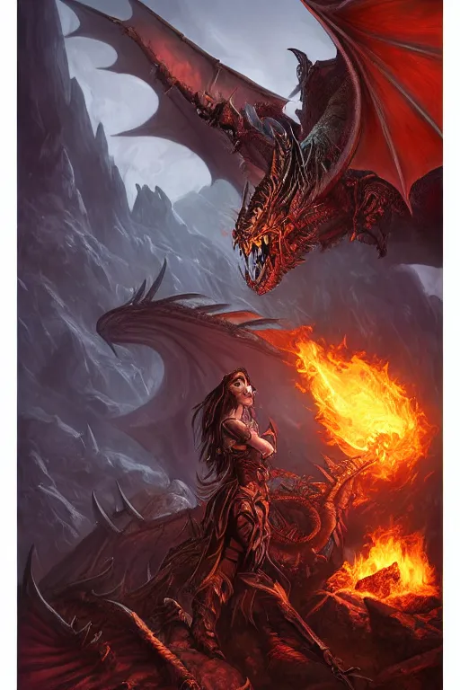 Prompt: epic professional portrait of a dark queen summoning hell dragons on a mountain, world of warcraft style, dark fantasy, graphic novel layout by samwise didier, dungeons and dragons