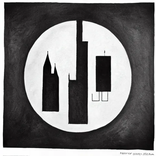 Image similar to a perfect circle where the inside is empty blank space and around the outer edge of the circle is the silhouette of a city skyline, black and white, minimalist, in the style of a charcoal drawing, made by david mellen