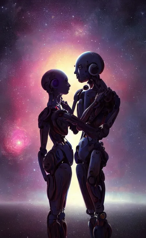 Image similar to digital painting of two humanoid robots hugging each other, supernova in the background, cosmic and stars and planets and galaxy, stunning, surreal, cinematic lighting, concept art by greg rutkowski and simon stalenhag