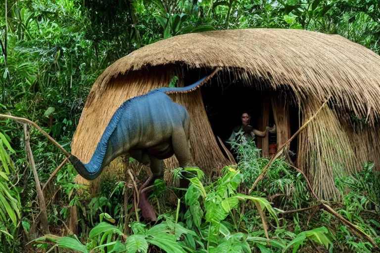 Prompt: a 4 meter tall previously unknown living bipedal herbivore dinosaur destroying hut by eating the thatched roof in a small jungle settlement, shaky grainy amateur photos by witnesses