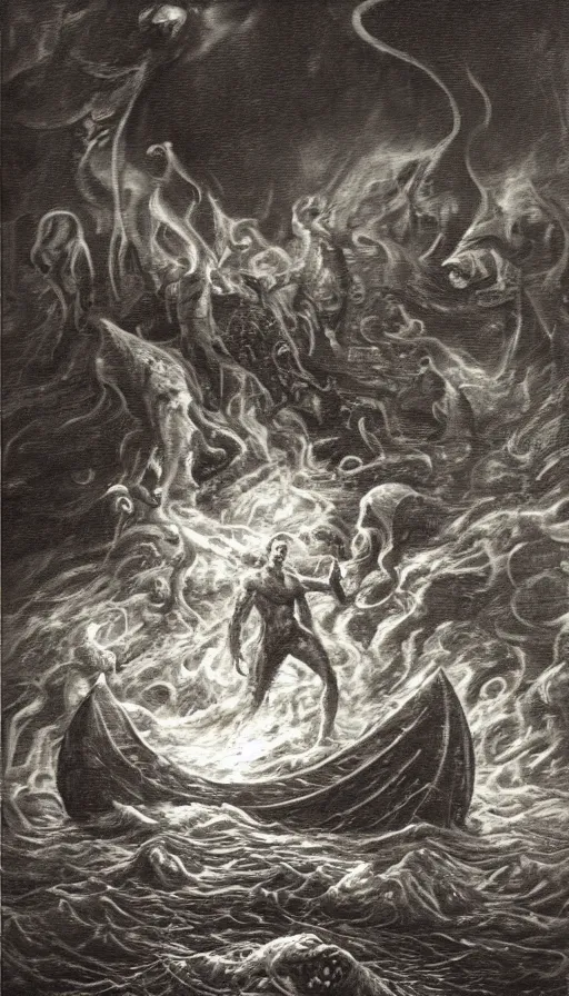 Image similar to man on boat crossing a body of water in hell with creatures in the water, sea of souls, by h. p. lovecraft