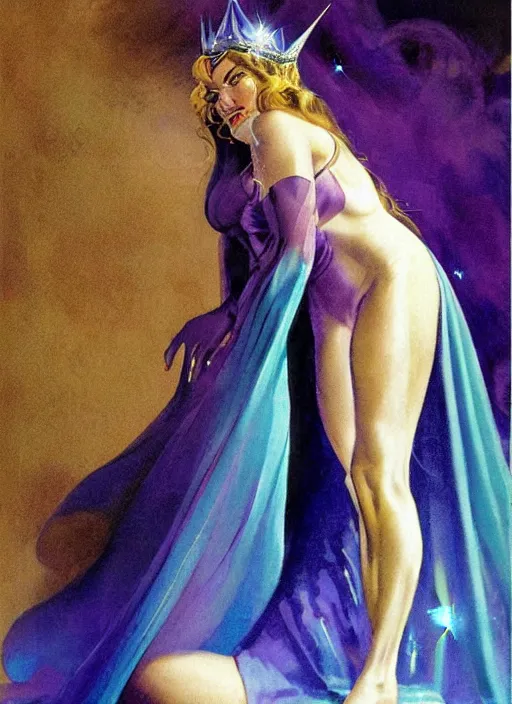 Prompt: portrait of mighty plump female sorceress, blue tiara, purple robe and veil, lightning halo, strong line, muted color, beautiful! coherent! by frank frazetta, by boris vallejo