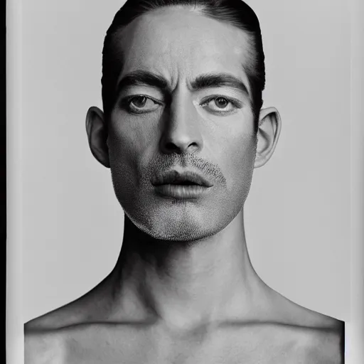 Prompt: a man with scales, large format film fashion photograph by richard avedon