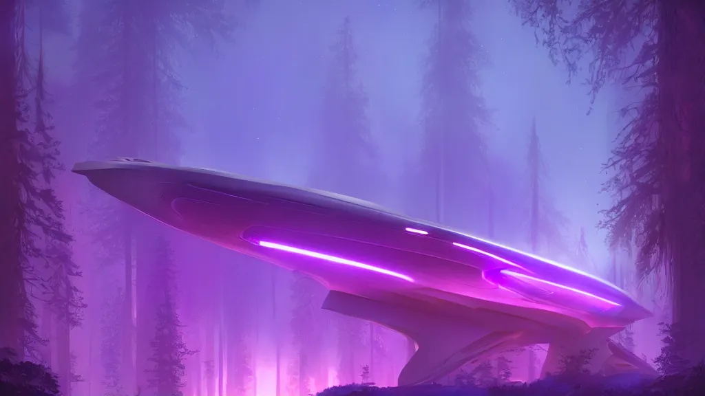 Prompt: matte painting Zaha Hadid style glowing spaceship in clearing in dreamy redwood tree fantasy Forest at night. Forest is lit by purple and blue ombre glow. Ufo. Digital painting. Beeple. Noah Bradley. Cyril Roland trending on artstation.