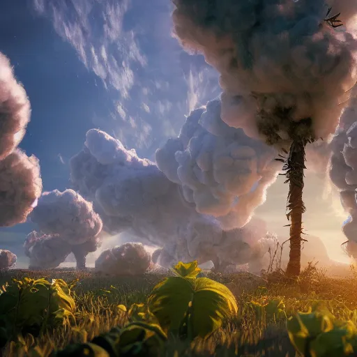 Image similar to huge explosion in the form of cotton plants, beautiful dynamic lighting, cinematic, extremely high detail, photo realistic, cinematic lighting, post processed, concept art, artstation, matte painting, unreal engine 8k