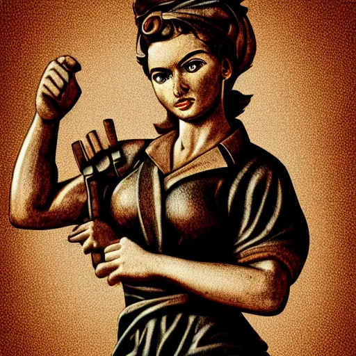 Prompt: an ancient Greek plate depicting Rosie the Riveter, black and brown colors, Classical Ancient Greek art, soft lighting, ultra detailed textures, realistic octane render, close-up, soft lighting, 8k