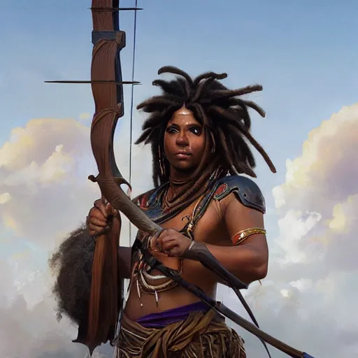 Prompt: a strong, dark-skinned mesopotamian archer with dreadlocks and six fingers, D&D, highly detailed, digital painting, artstation, concept art, sharp focus, illustration, cinematic lighting, art by artgerm and greg rutkowski and alphonse mucha