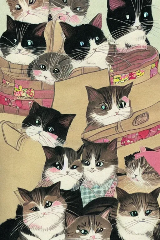 Image similar to Piles of cats, Kawaii Japanese illustration, 1980s