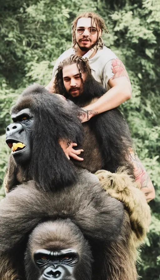 Image similar to Post Malone with a gorilla on his back