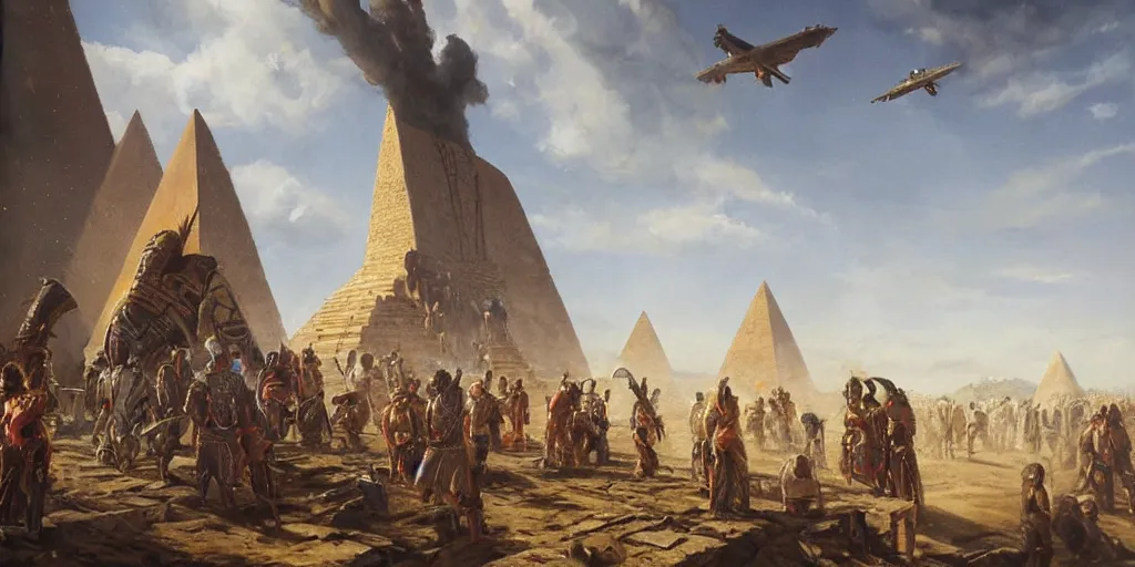 Prompt: simonetti rutkowski painting aztec warriors watching spaceship arriving to pyramid