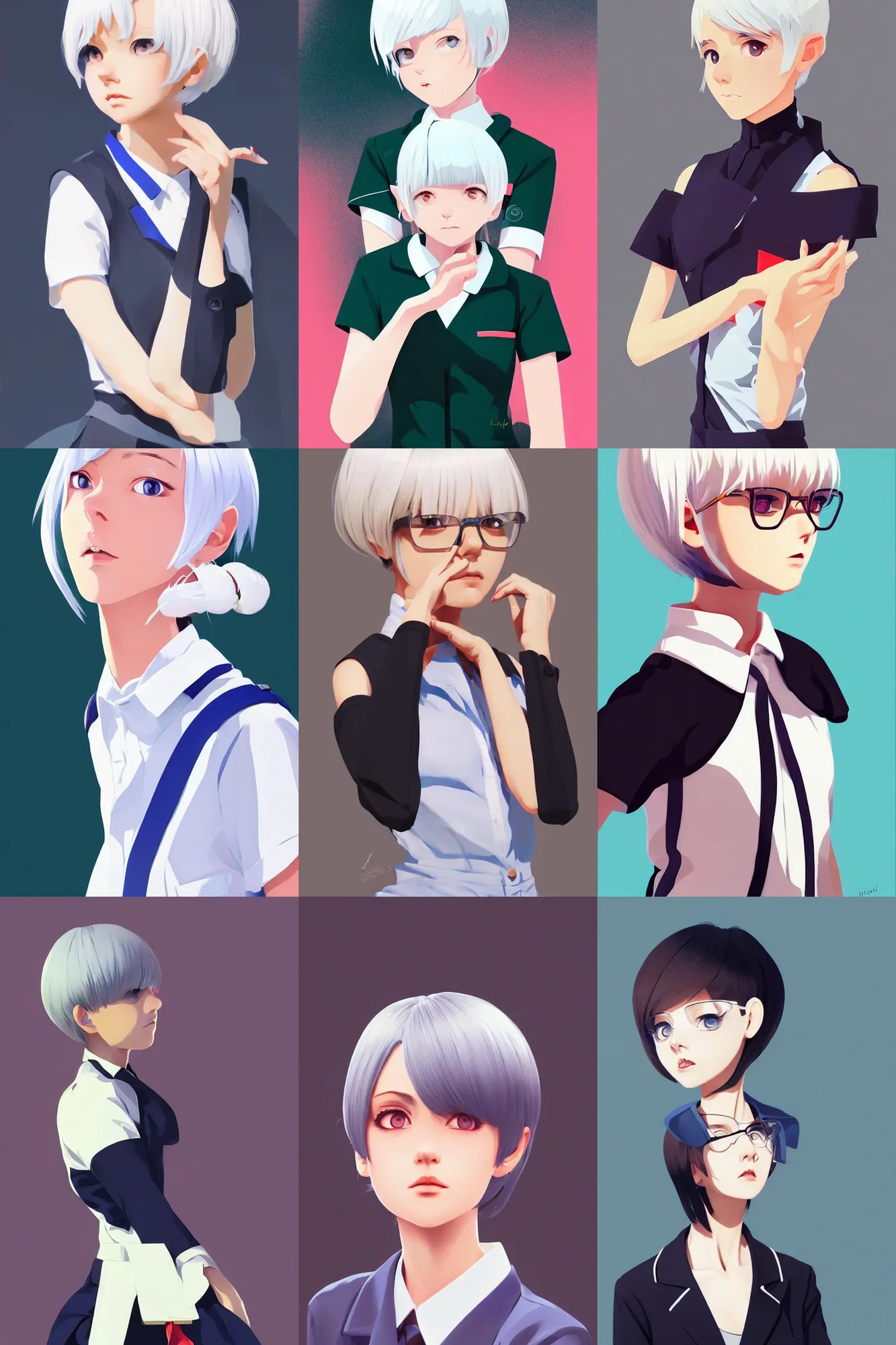Prompt: a cute girl with cut to shoulder white hair wearing school uniform, sharp focus, pure background color, illustration, morandi color scheme, art station, by ilya kuvshinov