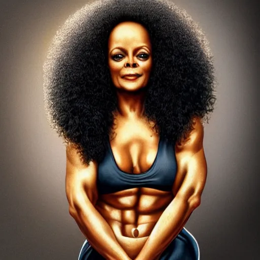 Image similar to Diana ross with the physique of a body builder, hyper realistic, ultra detailed, cinematic, dynamic lighting, photorealistic, refined, intricate, digital art, digital painting, masterpiece, 8k