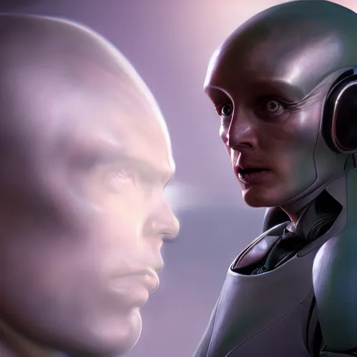 Prompt: a hyper real comic book style portait painting of the first contact between alien and human, unreal 5, hyperrealistic, octane render, cosplay, rpg portrait, dynamic lighting