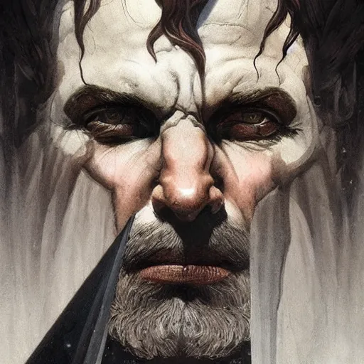 Prompt: ''face portrait of hades from greek mythology half covered by shadows, black shadows, greece, fantasy, dungeons and dragons, d & d, digital painting, artstation, concept art, sharp focus, illustration, art by greg rutkowski and alphonse mucha''