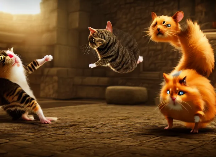 Image similar to hamster fights a cat in mortal kombat on the background of a laughing shao khan. fantasy magic style. highly detailed 8 k. intricate. lifelike. soft light. sony a 7 r iv 5 5 mm. unreal engine with nanite and path tracing