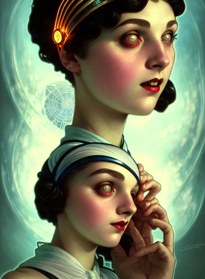 Prompt: symmetry!! portrait of a young elizabeth from bioshock, vintage dress, glowing headband!! underwater atmosphere, intricate, serene, highly detailed, digital painting, artstation, symmetric concept art, smooth, sharp focus, illustration, art by artgerm and greg rutkowski and alphonse mucha, 8 k