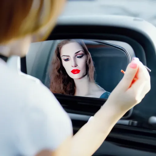 Image similar to a close - up of young woman looking in rear view mirror doing makeup, applying lipstick, photorealistic, hyperrealism, high resolution, ultra - detailed, k 4, kodak portra 4 0 0