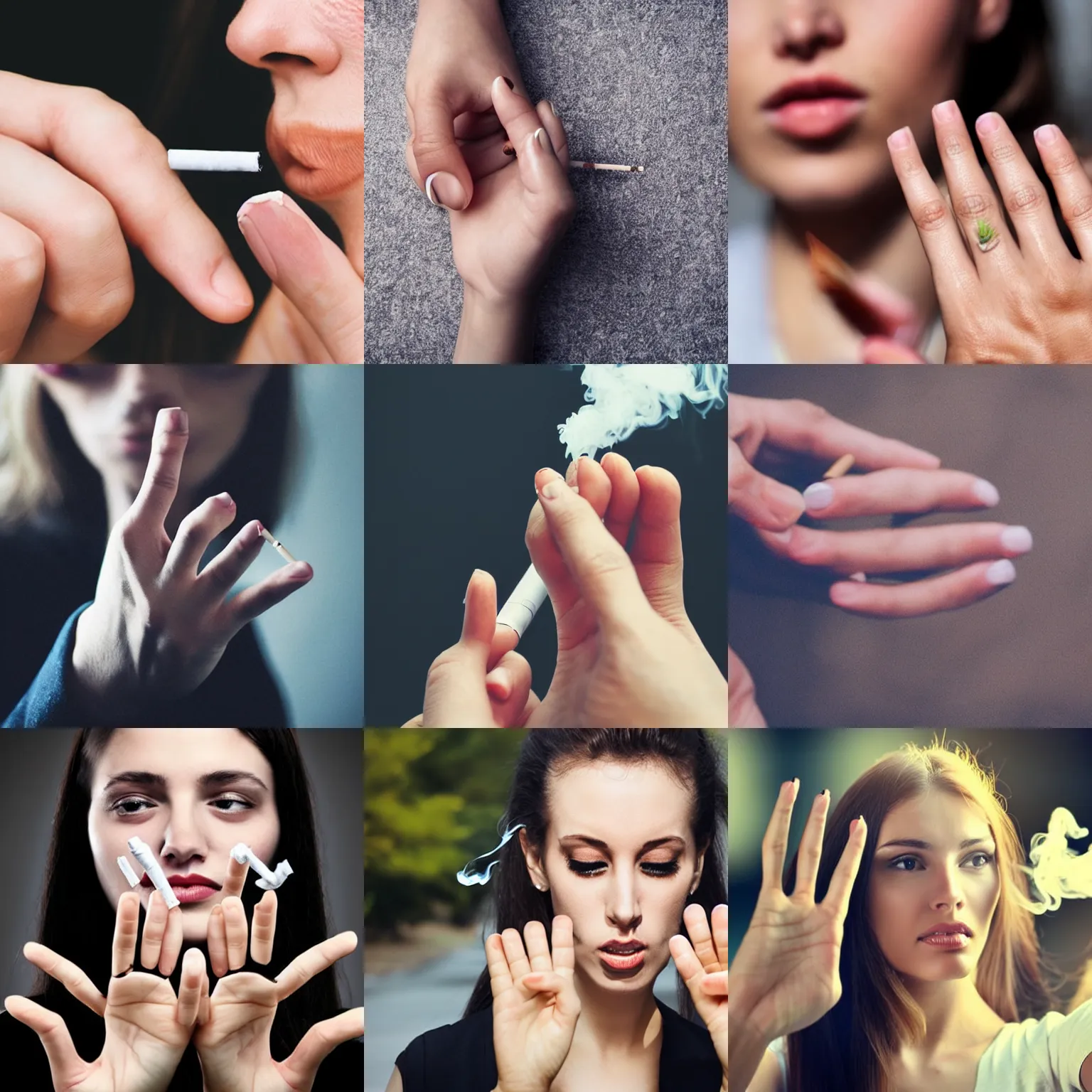 Prompt: woman smoking cigarette, perfect hand, beautiful fist, 5 fingers, five fingers, perfect fist, trending