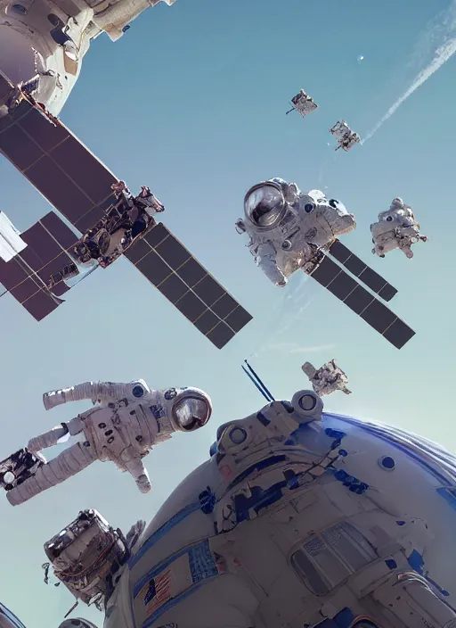 Image similar to closeup hyperdetailed shot of taikonauts cosmonauts and astronauts connecting iss with tiangong space station by ross tran, thierry doizon, craig mullins, ilya kuvshinov, artgerm, edward hopper, dan mumford, wlop, rutkovsky, carl spitzweg, moebius, unreal engine 5, lumen, nanite